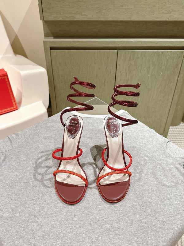 RC 25 Snake-Shaped High-Heeled Sandals Dark Red Silk Rhinestones 268061