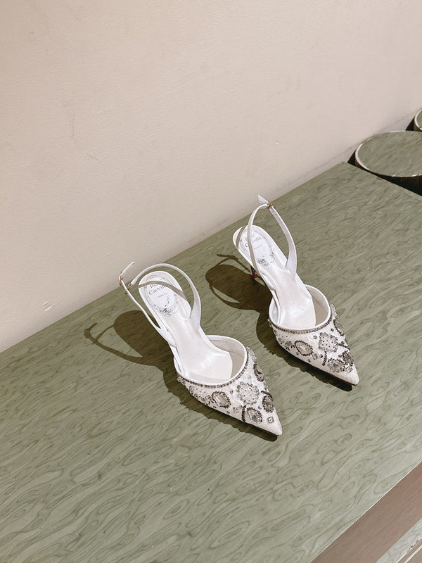 RC 25C Slingback Diamond High Heel 8cm White Silk Rhinestones 268078