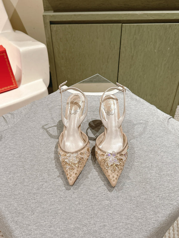RC 25C Slingback Diamond High Heel 7.5cm Beige Silk Rhinestones 268079