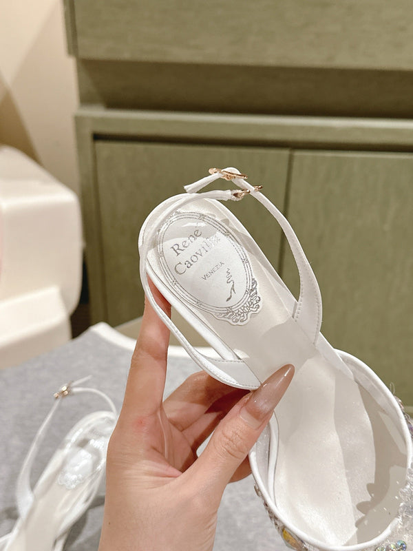 RC 25C Slingback Lace Mesh High Heel 7.5cm White Silk Rhinestones 268082