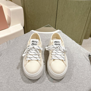 Miu Miu Biscuit Shoes Chunky Sneakers Cream Denim Canvas 532875