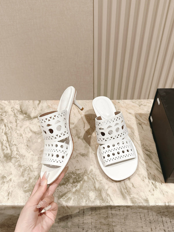 Alaia 2025 Vienne Cutout Kitten-Heel Slide Sandals White Leather 293650
