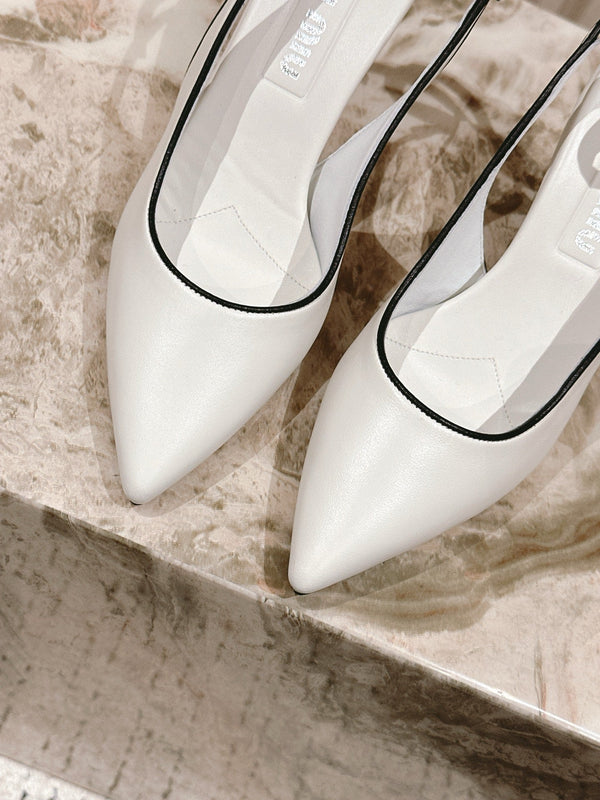 Miu Mordoré Pointed Toe Slingback Pumps 85mm White Cowhide Sheepskin 445786