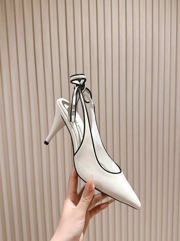 Miu Mordoré Pointed Toe Slingback Pumps 85mm White Cowhide Sheepskin 445786
