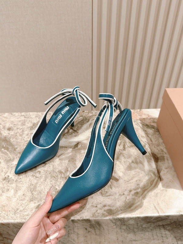 Miu Mordoré Pointed Toe Slingback Pumps 85mm Blue-teal Cowhide Sheepskin 445787