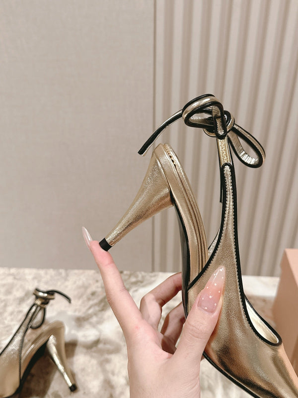 Miu Mordoré Pointed Toe Slingback Pumps 85mm Light Gold Cowhide Sheepskin 445789