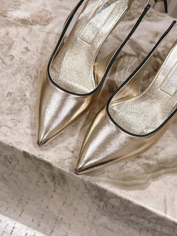 Miu Mordoré Pointed Toe Slingback Pumps 85mm Light Gold Cowhide Sheepskin 445789