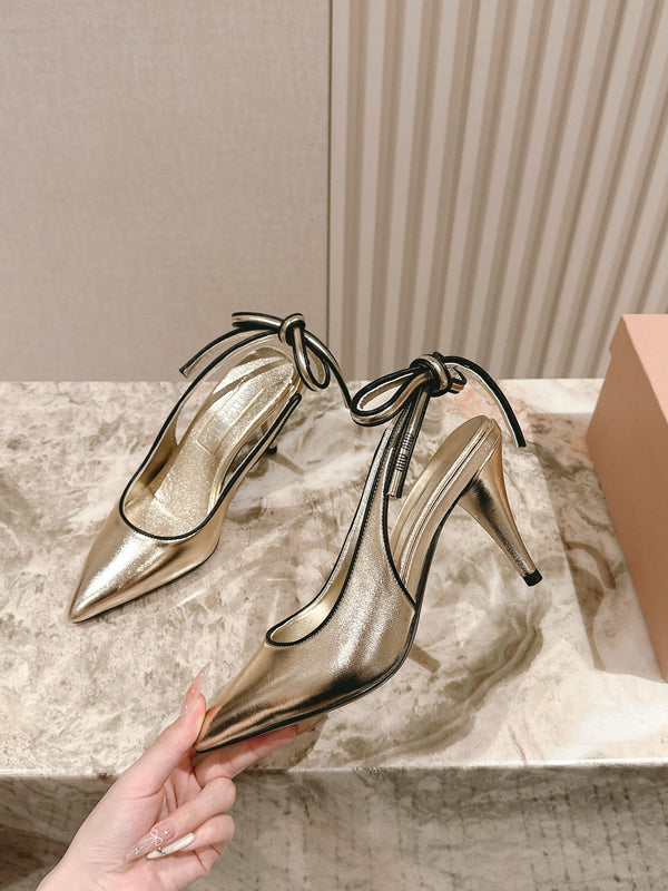 Miu Mordoré Pointed Toe Slingback Pumps 85mm Light Gold Cowhide Sheepskin 445789