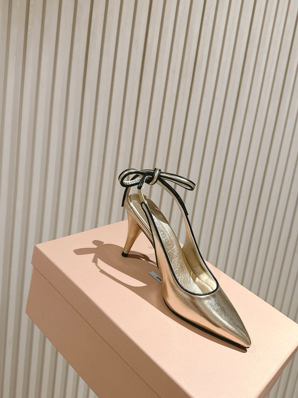 Miu Mordoré Pointed Toe Slingback Pumps 85mm Light Gold Cowhide Sheepskin 445789