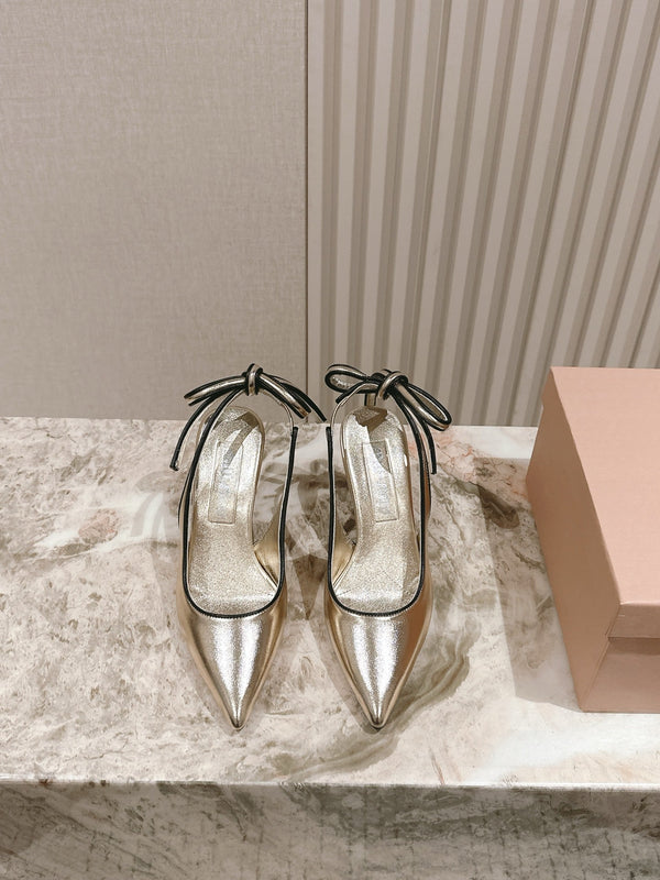 Miu Mordoré Pointed Toe Slingback Pumps 85mm Light Gold Cowhide Sheepskin 445789