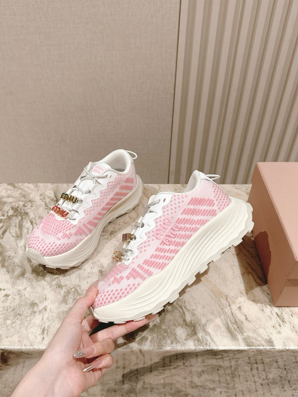Miu Technical Sneakers White Light Pink Cowhide Fabric 445809