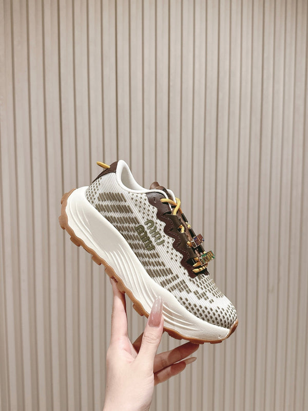 Miu Sneakers Tecniche Bianco Oliva Tessuto Vacchetta 445811