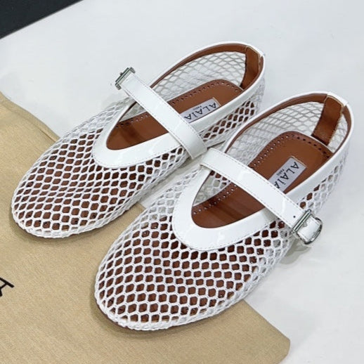 Alaia 25 Laminated Fishnet Ballet Flats White Lambskin 576442