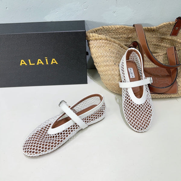 Alaia 25 Laminated Fishnet Ballet Flats White Lambskin 576442