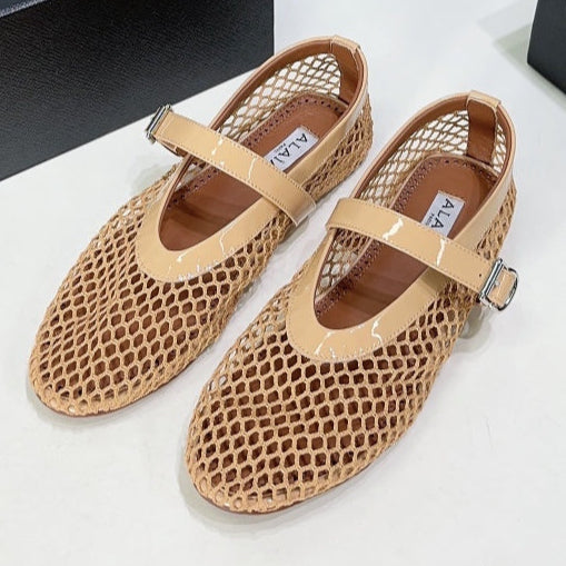 Alaia 25 Laminated Fishnet Ballet Flats Fawn Lambskin 621833