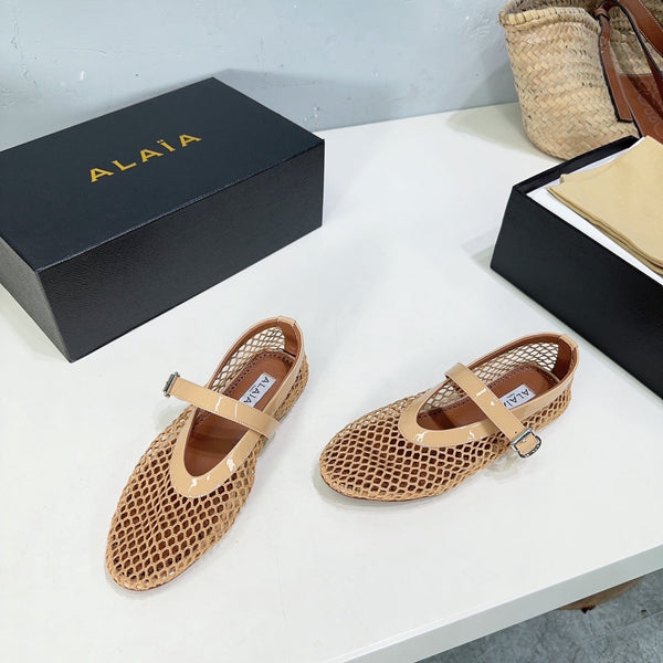 Alaia 25 Laminated Fishnet Ballet Flats Fawn Lambskin 621833