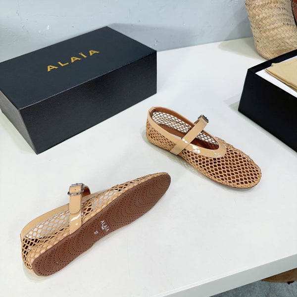 Alaia 25 Laminated Fishnet Ballet Flats Fawn Lambskin 621833