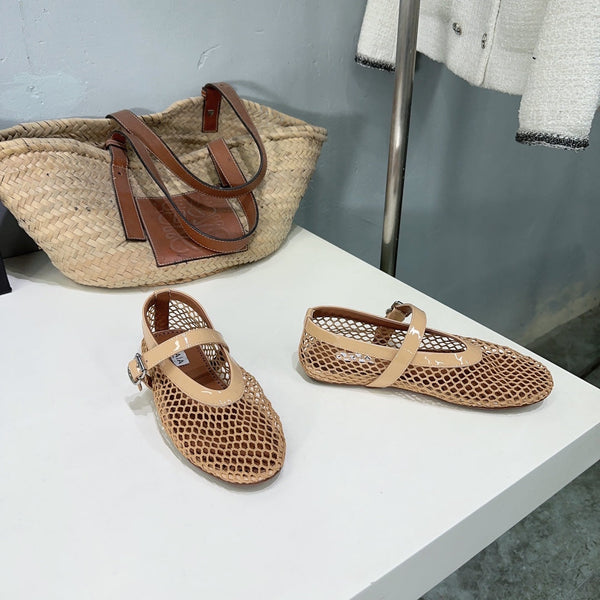 Alaia 25 Laminated Fishnet Ballet Flats Fawn Lambskin 621833