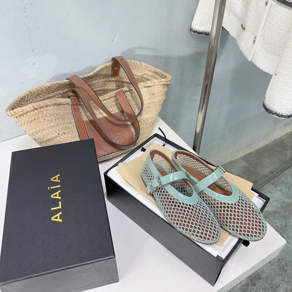 Alaia 25 Laminated Fishnet Ballet Flats Lagoon Green Lambskin 677172