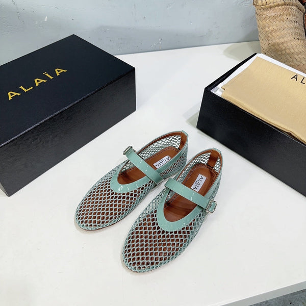 Alaia 25 Laminated Fishnet Ballet Flats Lagoon Green Lambskin 677172