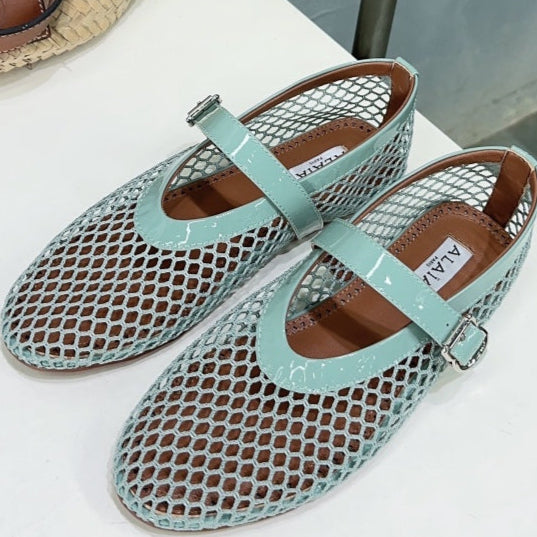 Alaia 25 Laminated Fishnet Ballet Flats Lagoon Green Lambskin 677172