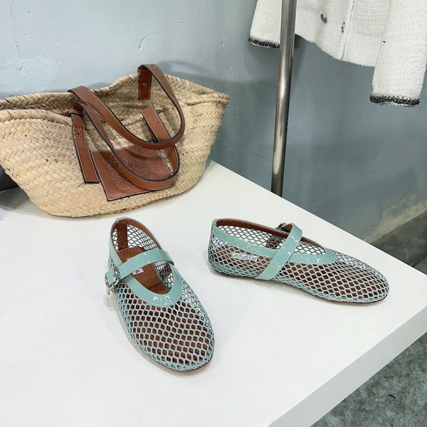 Alaia 25 Laminated Fishnet Ballet Flats Lagoon Green Lambskin 677172