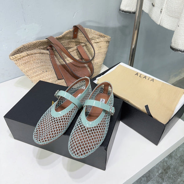 Alaia 25 Laminated Fishnet Ballet Flats Lagoon Green Lambskin 677172
