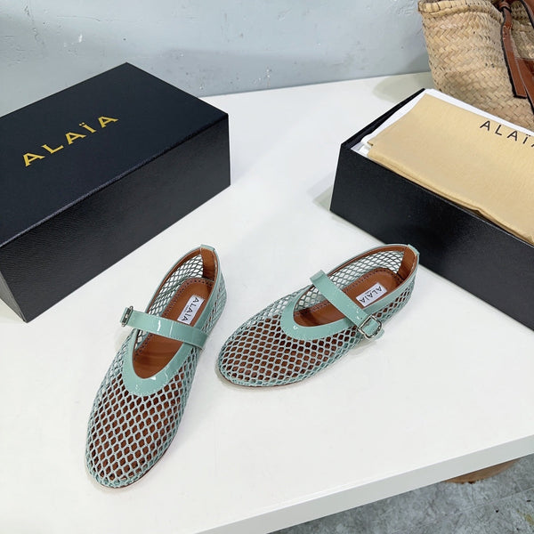 Alaia 25 Laminated Fishnet Ballet Flats Lagoon Green Lambskin 677172