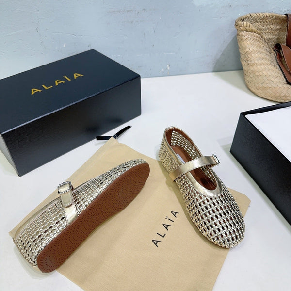 Alaia 25 Marry Janes Ballet Flats Gold Wool Sheepskin 300456