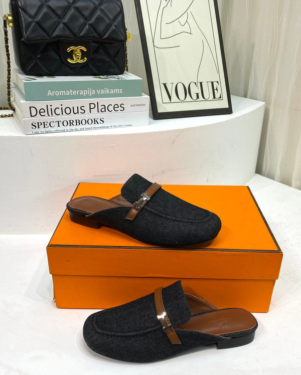 IENA MULE  BLACK CANVAS AND BROWN CALFSKIN