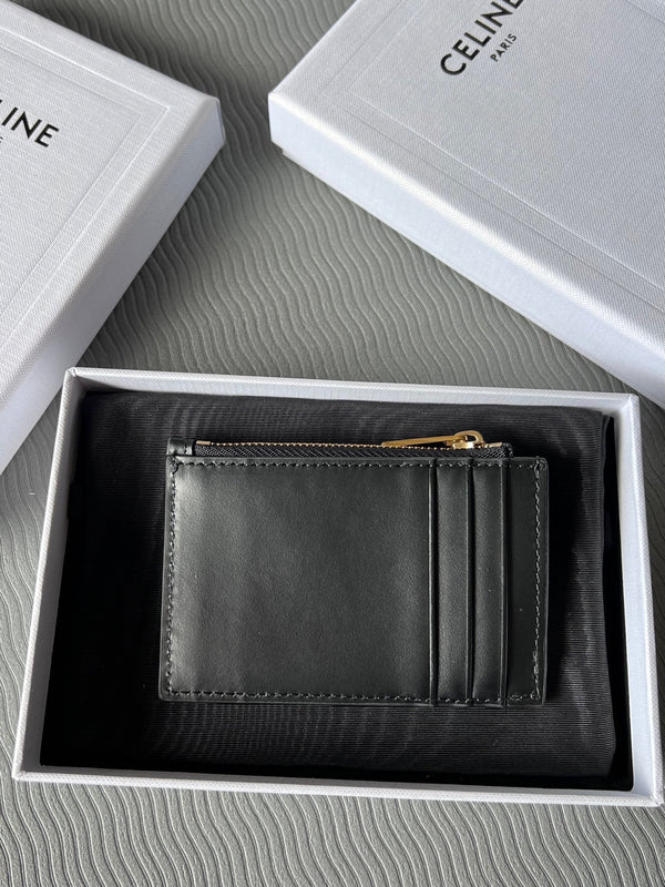 TRIOMPHE Zipped Card Holder Black Cowhide Leather