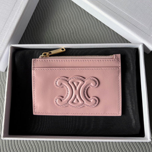 TRIOMPHE Zipped Card Holder Pink Cowhide Leather