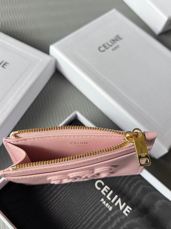 TRIOMPHE Zipped Card Holder Pink Cowhide Leather