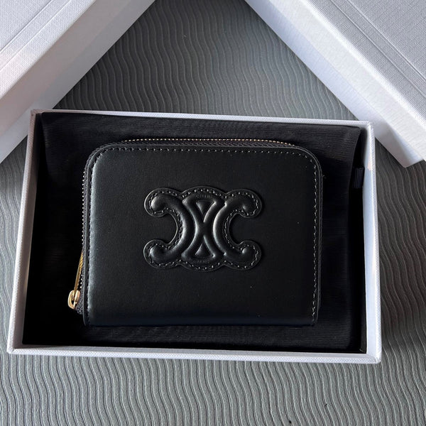 TRIOMPHE Compact Zipped Wallet Black Cowhide Leather