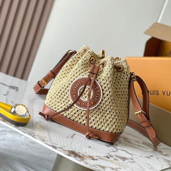 noe bb 22cm beige raffia tan calfskin