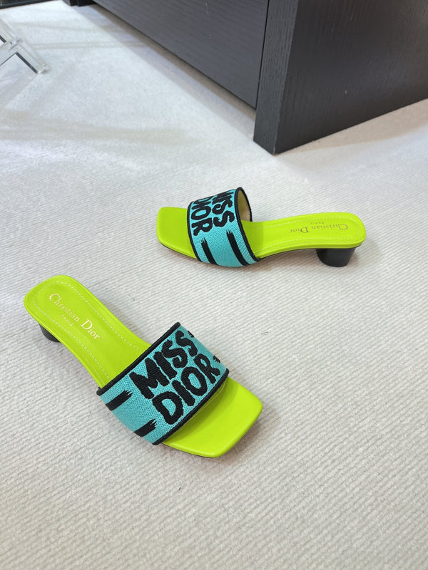 dway heeled slide 35 blue lime embroidered cotton