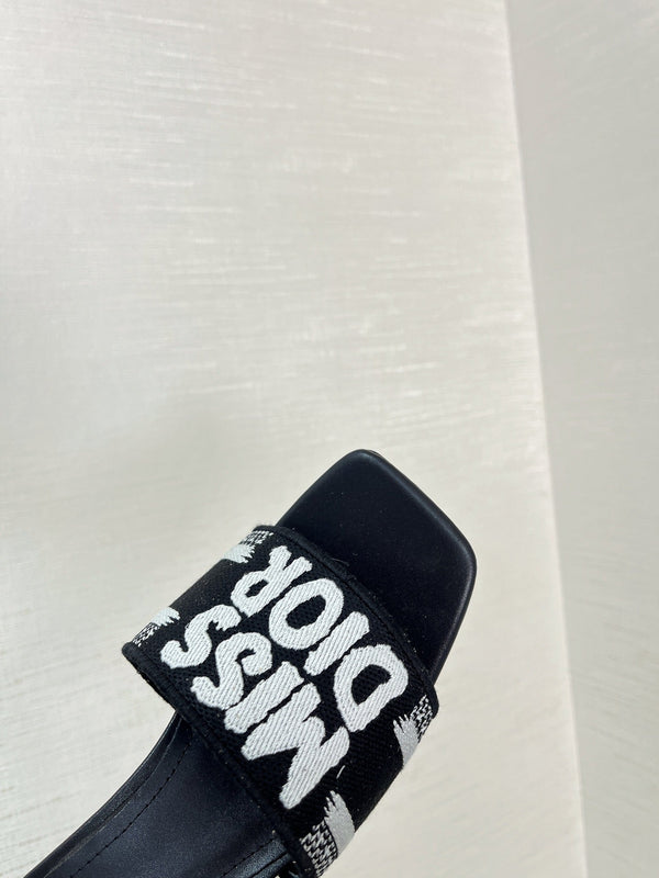 dway heeled slide 35 black embroidered cotton