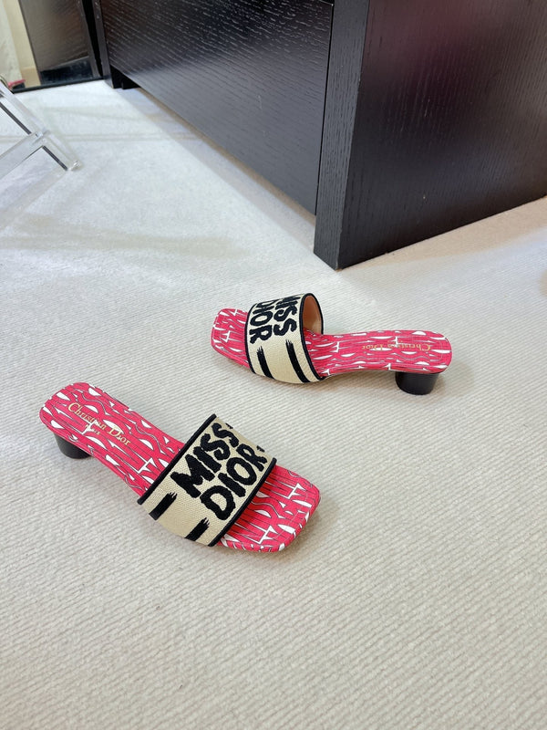 dway heeled slide 35 embroidered cotton red miss cd alllover motif