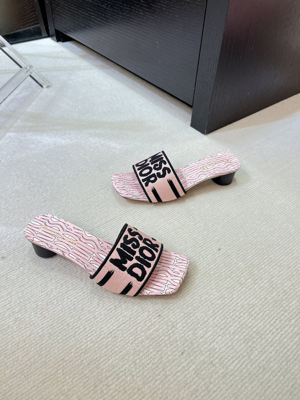 dway heeled slide 35 embroidered cotton pink miss cd alllover motif