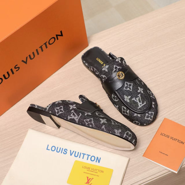 LV 25C Flat Mule Black Monogram Denim Fabric 218314