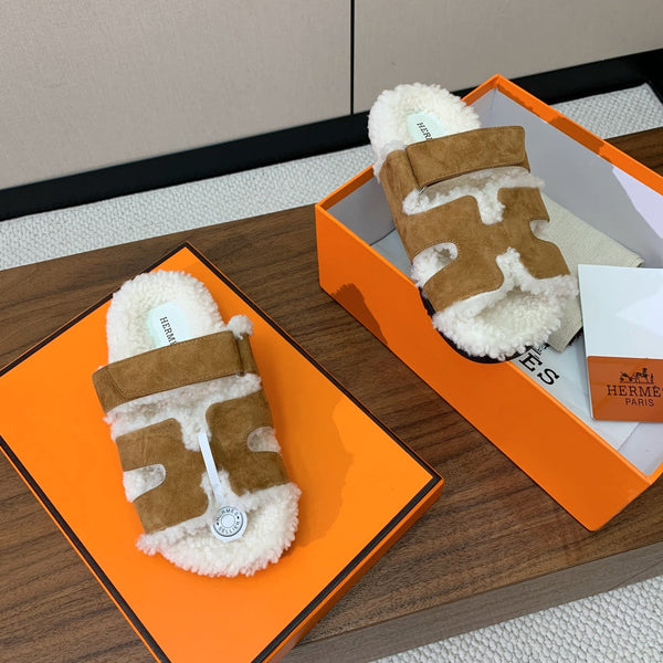 HM Chypre Sandal In Brown Mix White Fleece And Suede 984200