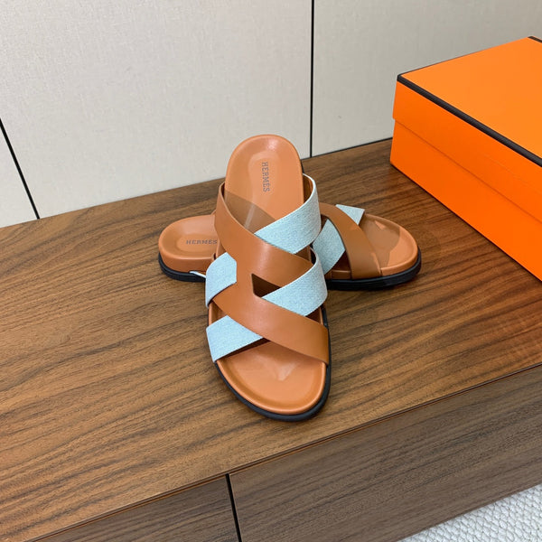 HM Kazimir Sandal Light Blue Brown Canvas Calfskin 294000