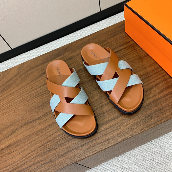 HM Kazimir Sandal Light Blue Brown Canvas Calfskin 294000