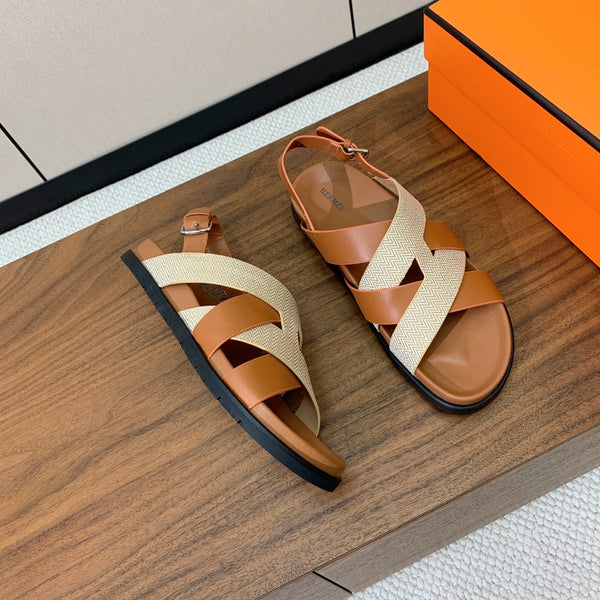 HM Heracles Sandals Brown Beige Frabic Calfskin 294068