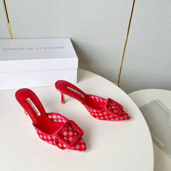 Manolo Mules Latest Checkerboard Red Fabric Leather 528007
