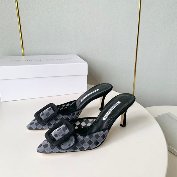 Manolo Mules Latest Checkerboard Grey Fabric Leather 528009