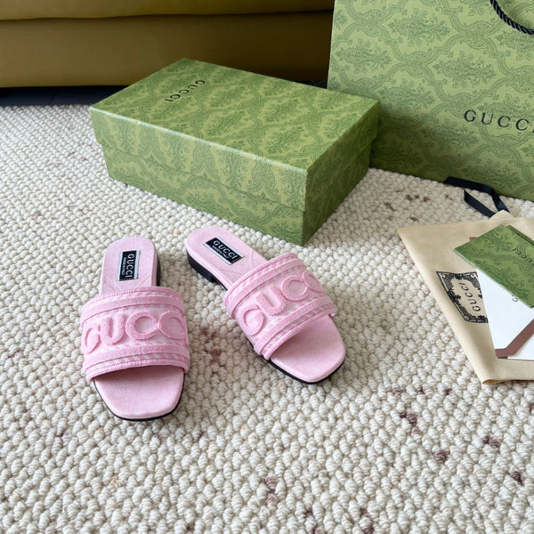 GG SLIDE SANDAL WITH GUCCI SCRIPT PASTEL PINK DENIM