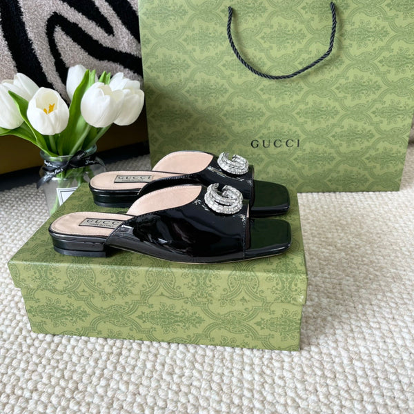 SANDALO GG CRYSTAL SLIDES IN PELLE DI VITELLO NERA E CREMA