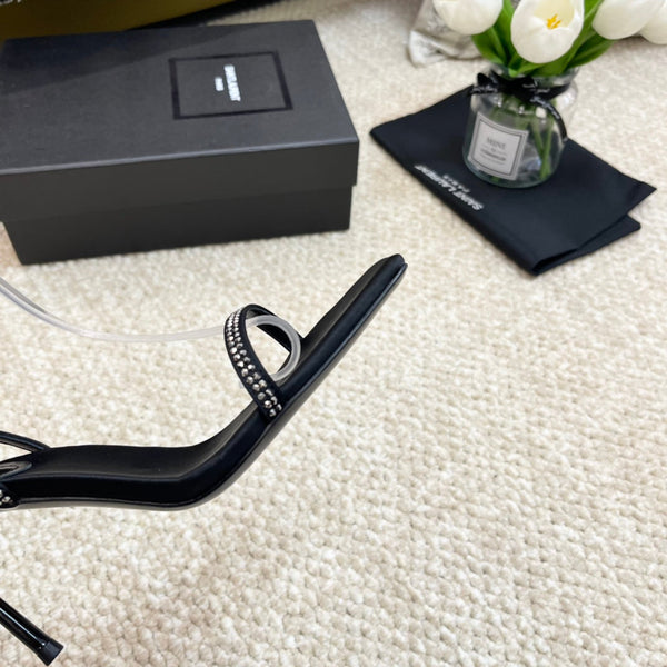 SL GEORGIA WHITE CRYSTAL SANDALS PUMP BLACK SATIN