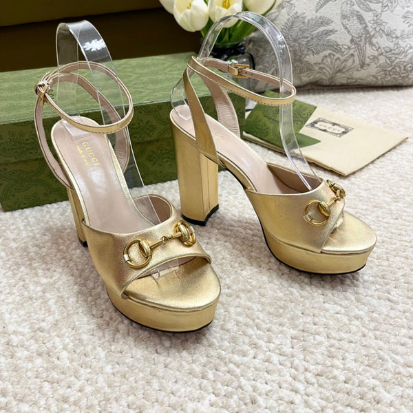Horsebit 11cm Platform Sandal Gold Metalic Calfskin